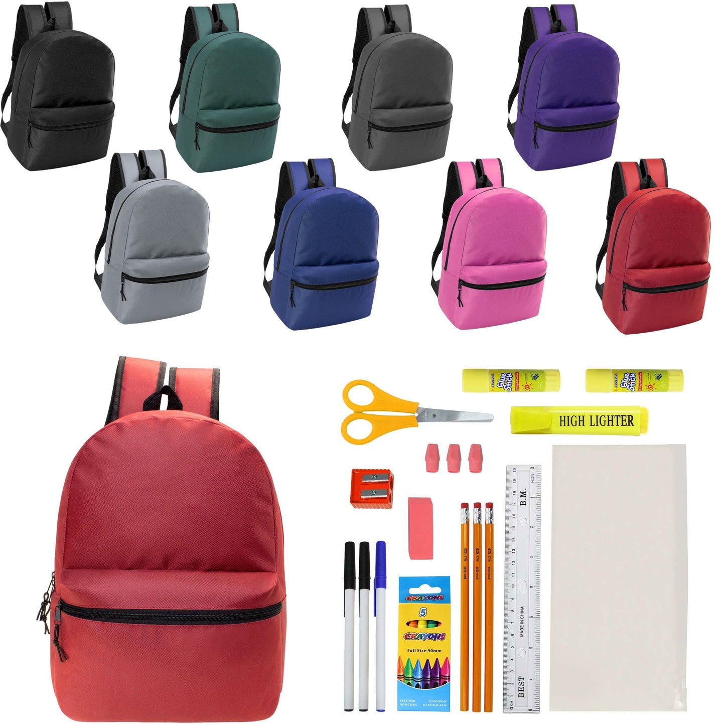 12 Wholesale 17 'Basic Wholesale Rucksack in 8 Farben & 12 Bulk School Supply Kits Ihrer Wahl