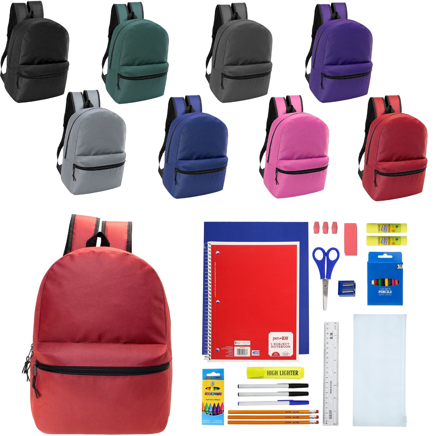 12 Wholesale 17 'Basic Wholesale Rucksack in 8 Farben & 12 Bulk School Supply Kits Ihrer Wahl