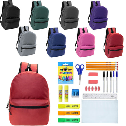 12 Wholesale 17 'Basic Wholesale Rucksack in 8 Farben & 12 Bulk School Supply Kits Ihrer Wahl