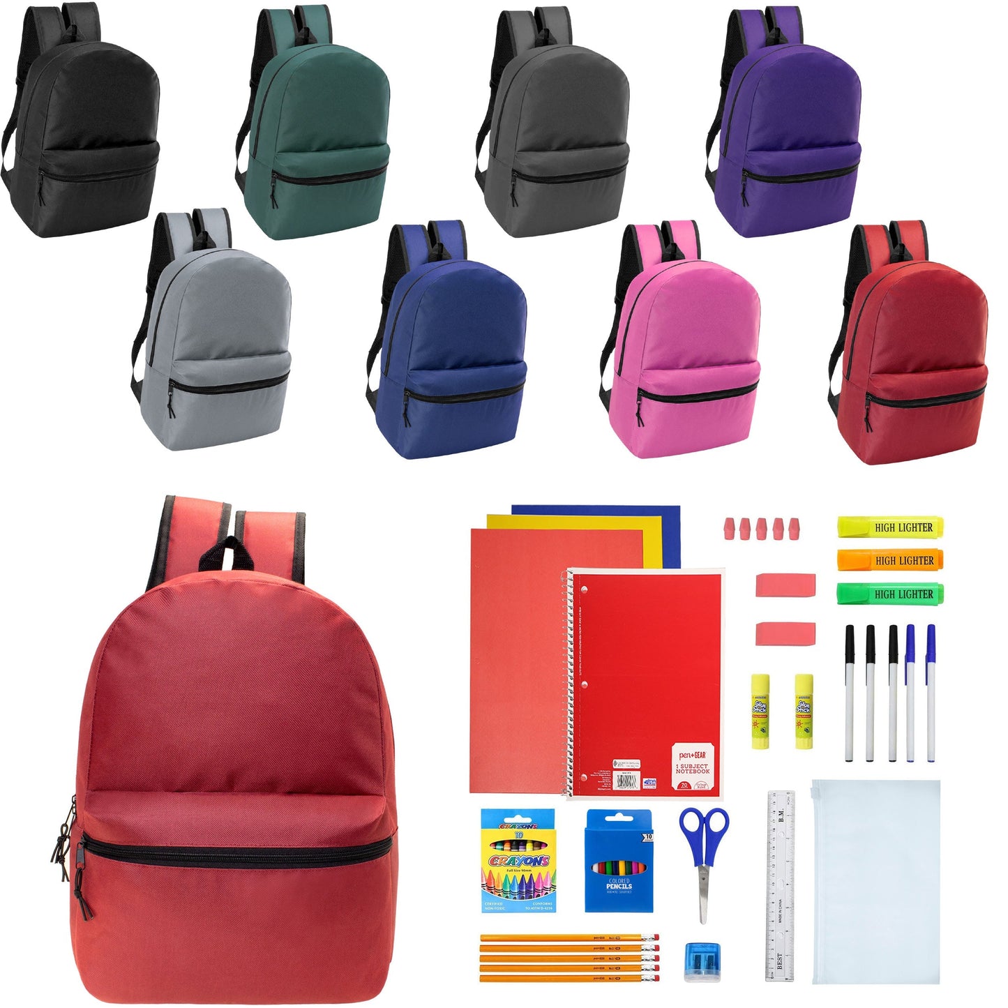 12 Wholesale 17 'Basic Wholesale Rucksack in 8 Farben & 12 Bulk School Supply Kits Ihrer Wahl