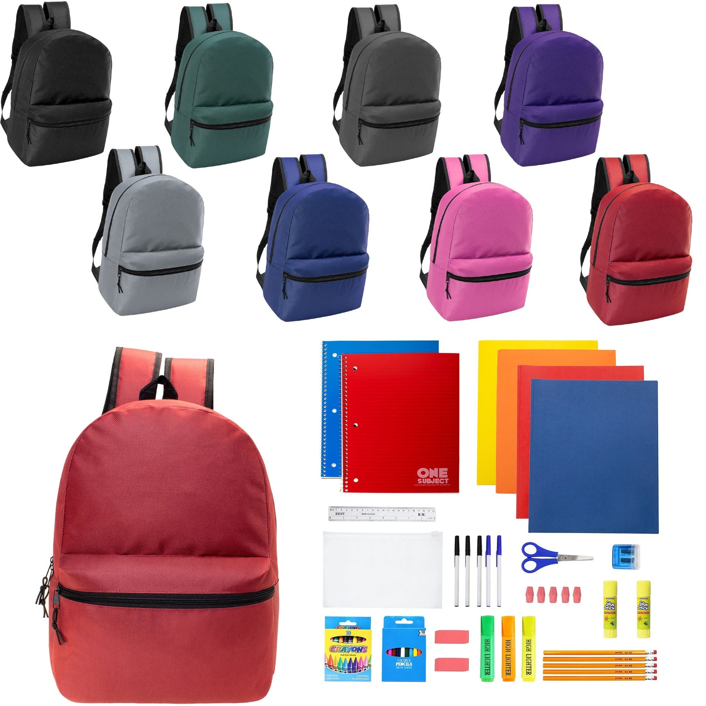 12 Wholesale 17 'Basic Wholesale Rucksack in 8 Farben & 12 Bulk School Supply Kits Ihrer Wahl