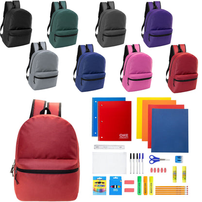 12 Wholesale 17 'Basic Wholesale Rucksack in 8 Farben & 12 Bulk School Supply Kits Ihrer Wahl