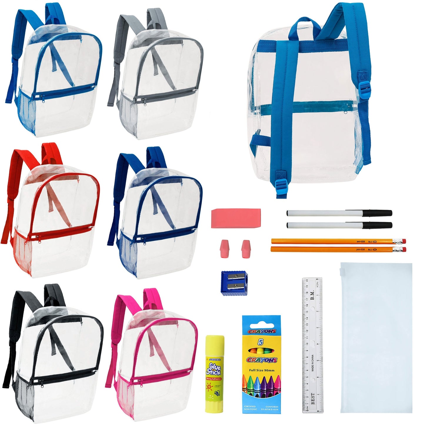 17 'Clear Wholesale Rucksäcke in verschiedenen Farben & 12 Bulk School Supply Kits Ihrer Wahl