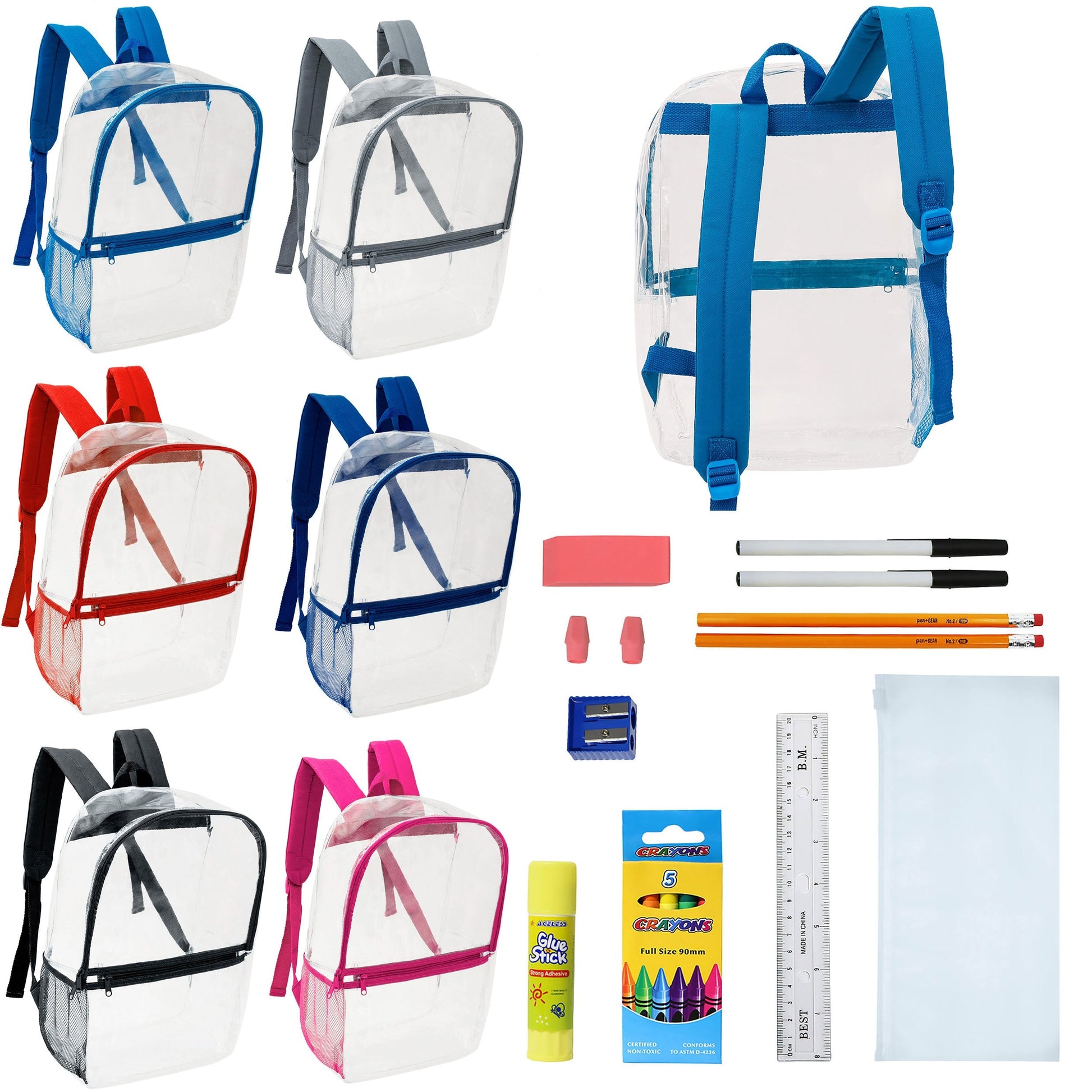 17 'Clear Wholesale Rucksäcke in verschiedenen Farben & 12 Bulk School Supply Kits Ihrer Wahl