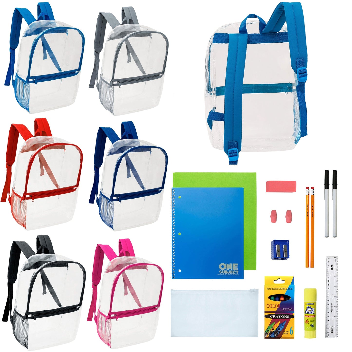 17 'Clear Wholesale Rucksäcke in verschiedenen Farben & 12 Bulk School Supply Kits Ihrer Wahl