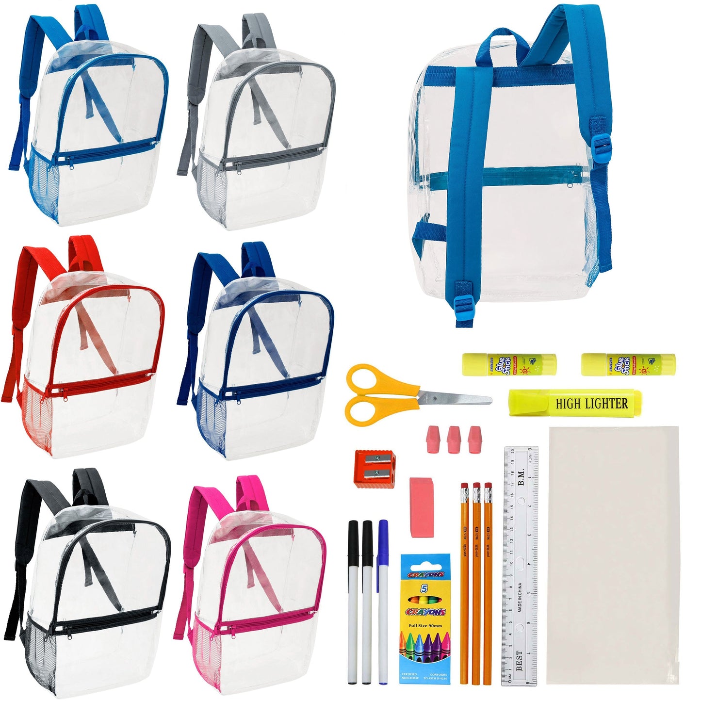 17 'Clear Wholesale Rucksäcke in verschiedenen Farben & 12 Bulk School Supply Kits Ihrer Wahl