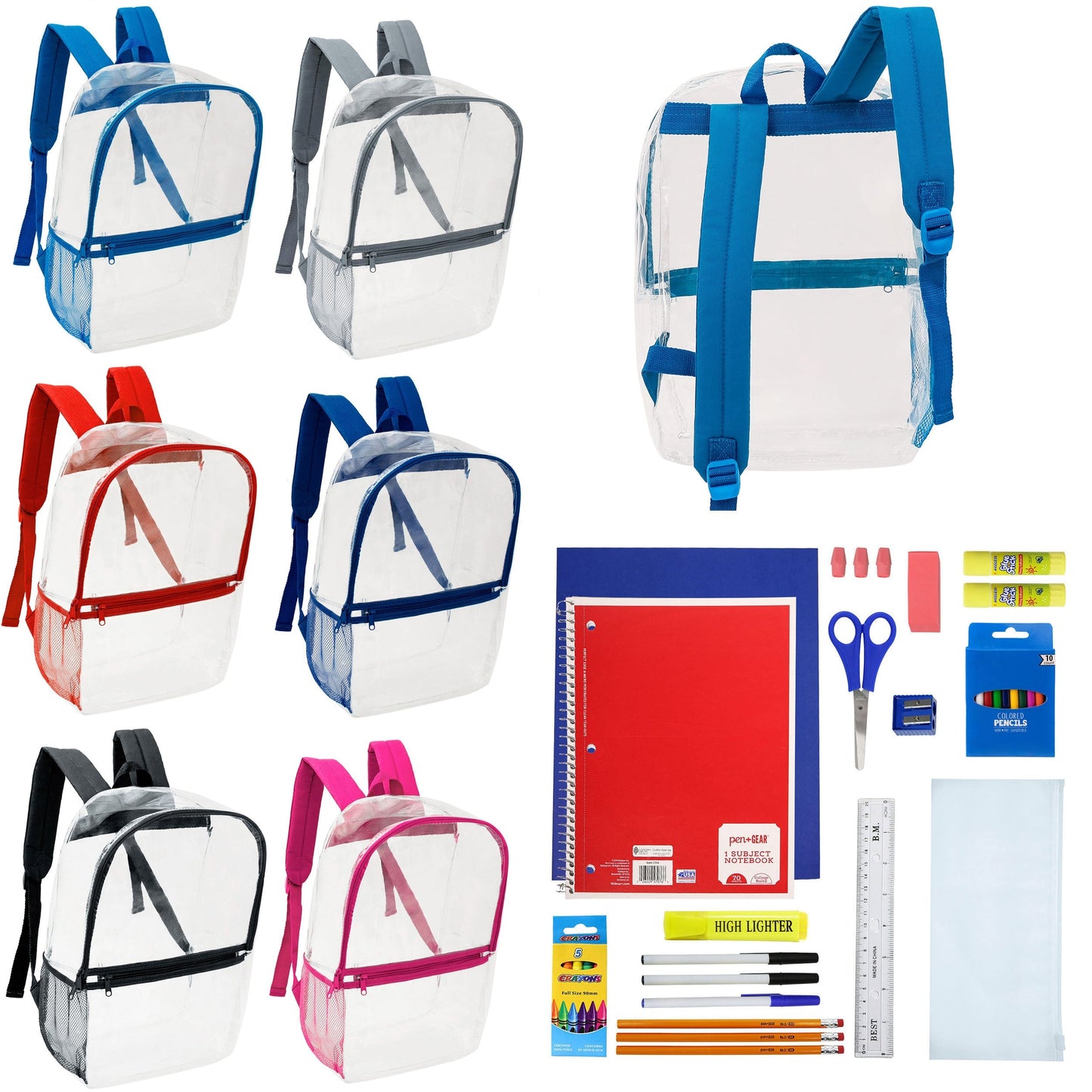 17 'Clear Wholesale Rucksäcke in verschiedenen Farben & 12 Bulk School Supply Kits Ihrer Wahl
