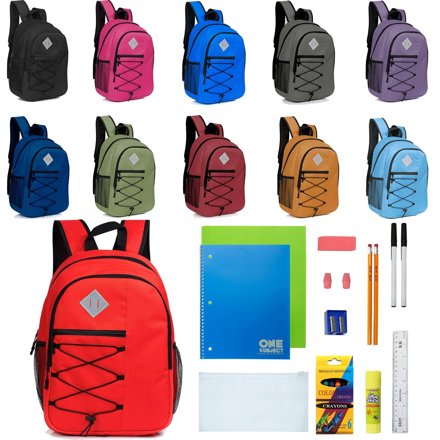 12 Wholesale 18 'Bungee Laptop Rucksäcke in 11 Farben & 12 Bulk School Supply Kits Ihrer Wahl