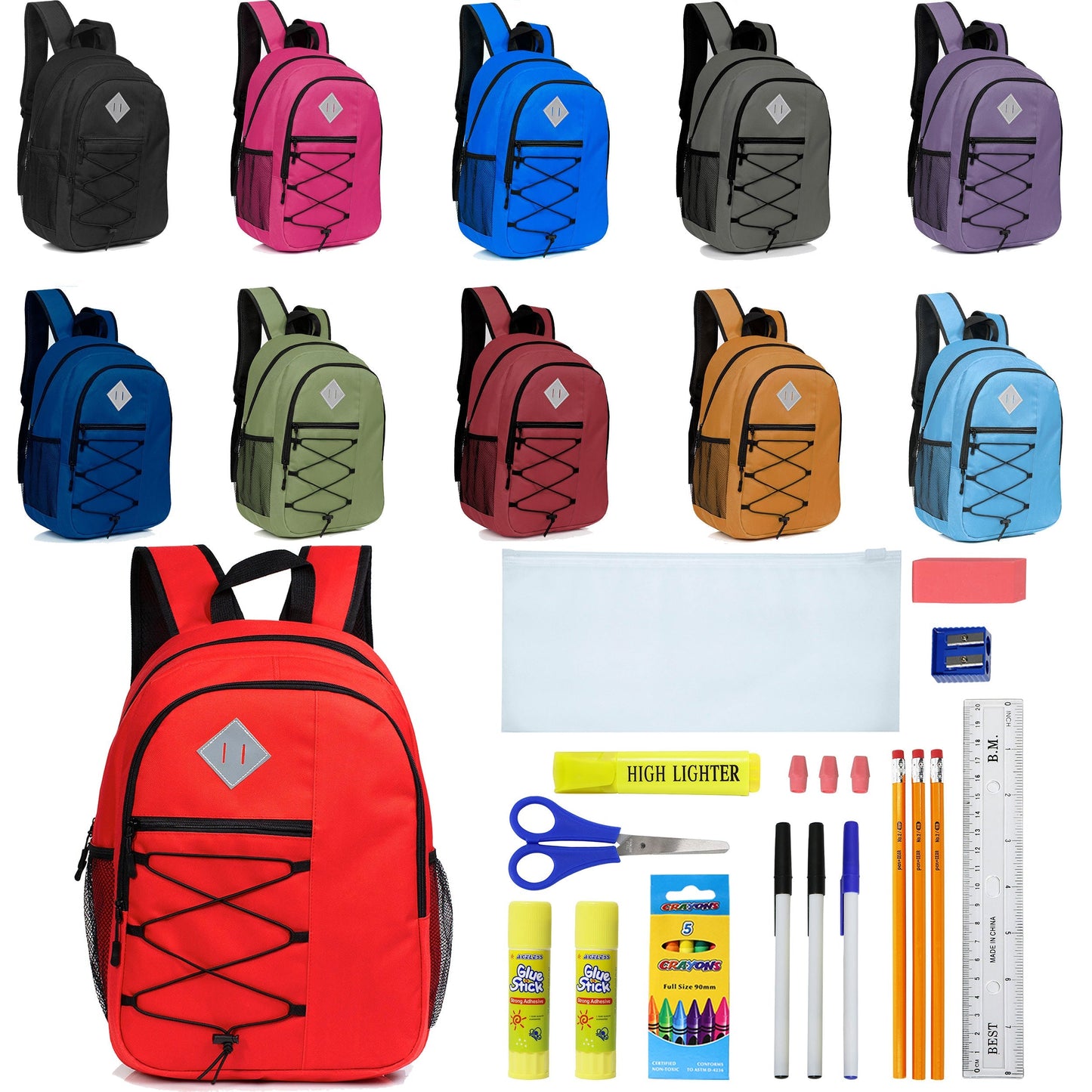 12 Wholesale 18 'Bungee Laptop Rucksäcke in 11 Farben & 12 Bulk School Supply Kits Ihrer Wahl