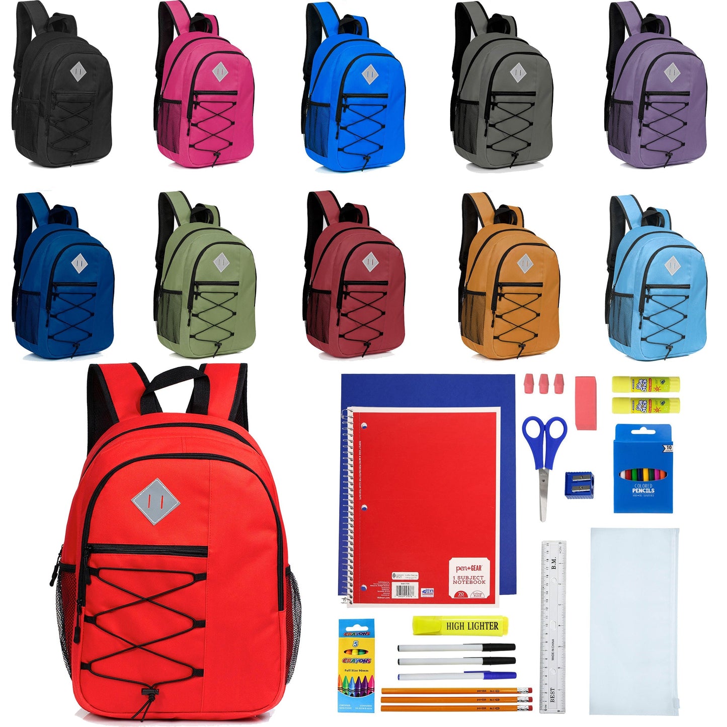 12 Wholesale 18 'Bungee Laptop Rucksäcke in 11 Farben & 12 Bulk School Supply Kits Ihrer Wahl