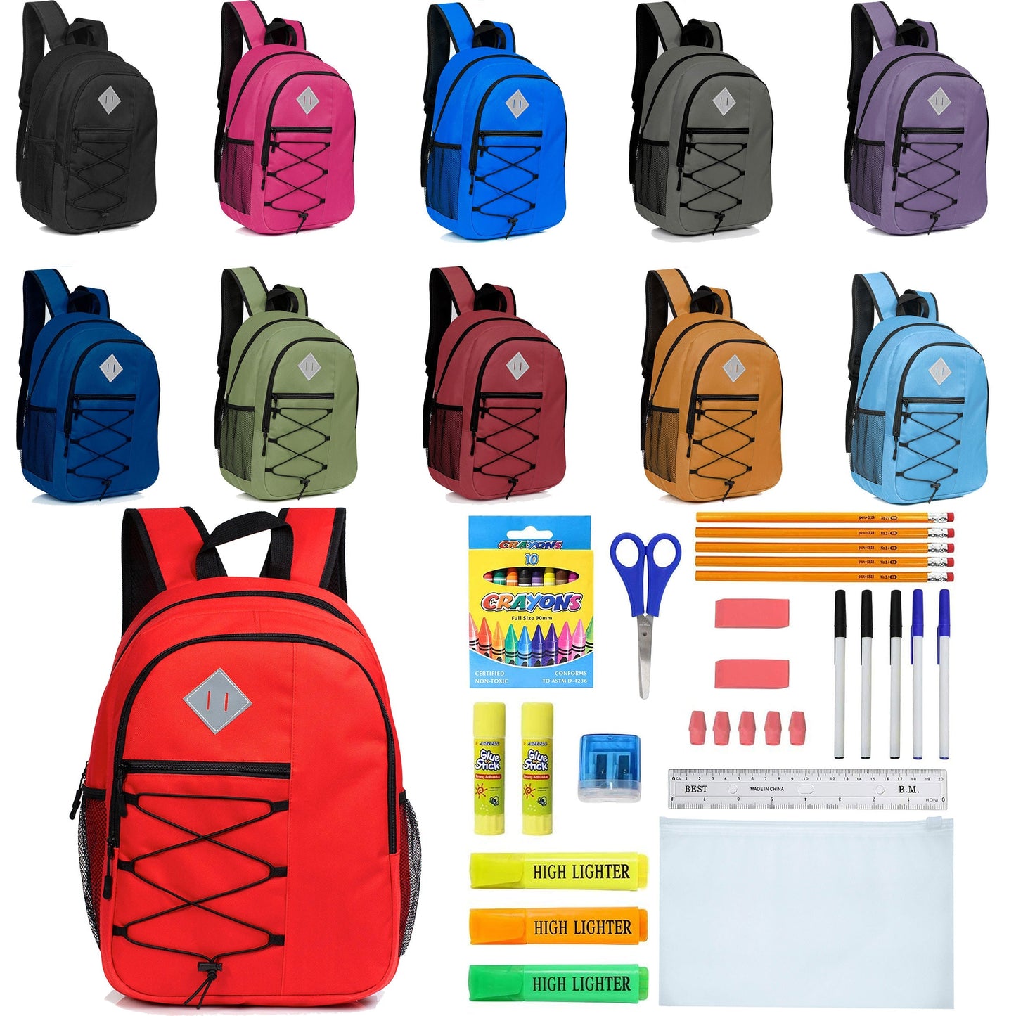 12 Wholesale 18 'Bungee Laptop Rucksäcke in 11 Farben & 12 Bulk School Supply Kits Ihrer Wahl
