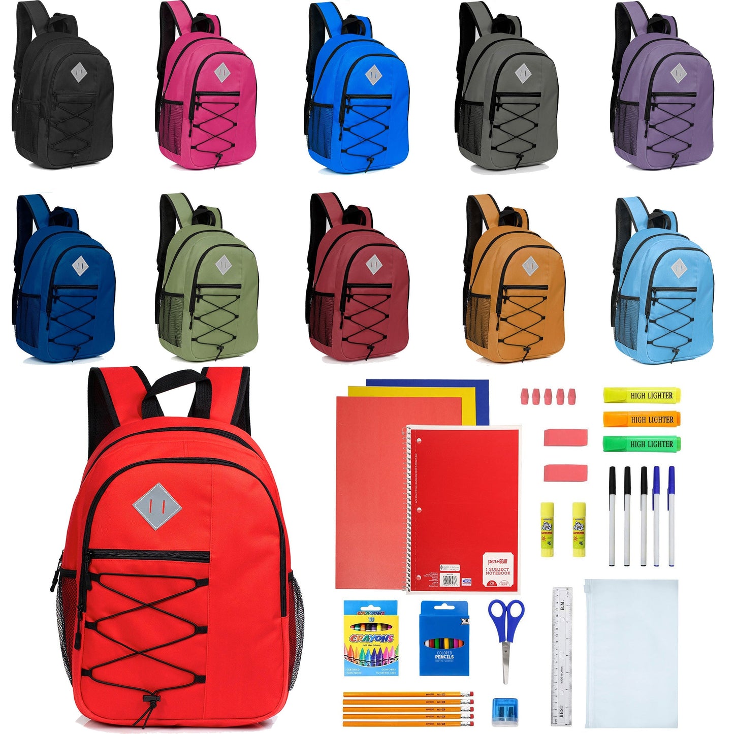 12 Wholesale 18 'Bungee Laptop Rucksäcke in 11 Farben & 12 Bulk School Supply Kits Ihrer Wahl