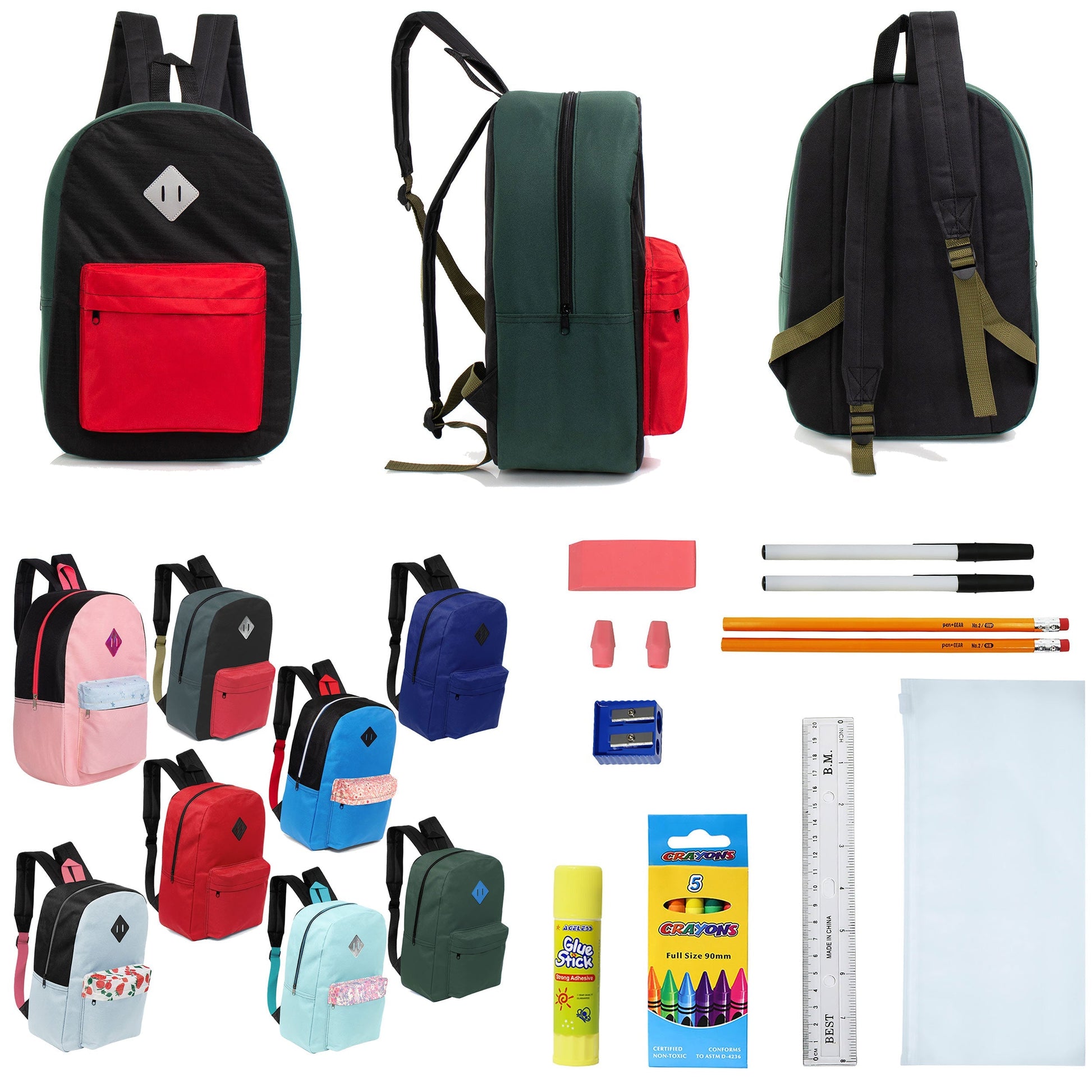 12 Wholesale 17 'Paded Rucksäcke in zufälligen Drucken & 12 Bulk School Supply Kits Ihrer Wahl