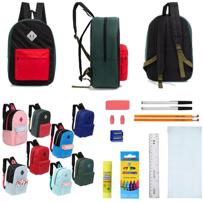 12 Wholesale 17 'Paded Rucksäcke in zufälligen Drucken & 12 Bulk School Supply Kits Ihrer Wahl