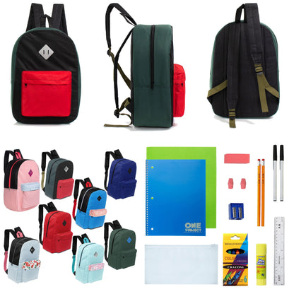 12 Wholesale 17 'Paded Rucksäcke in zufälligen Drucken & 12 Bulk School Supply Kits Ihrer Wahl