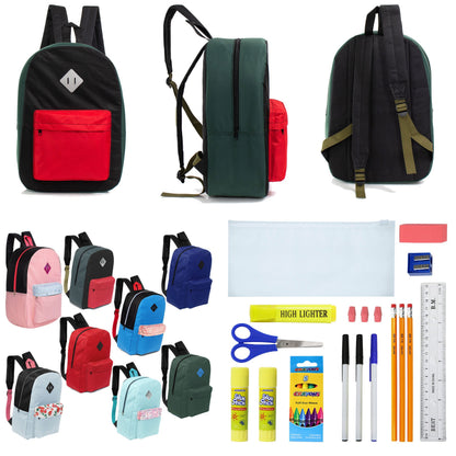 12 Wholesale 17 'Paded Rucksäcke in zufälligen Drucken & 12 Bulk School Supply Kits Ihrer Wahl