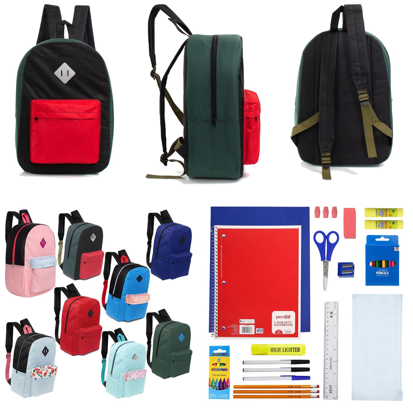 12 Wholesale 17 'Paded Rucksäcke in zufälligen Drucken & 12 Bulk School Supply Kits Ihrer Wahl