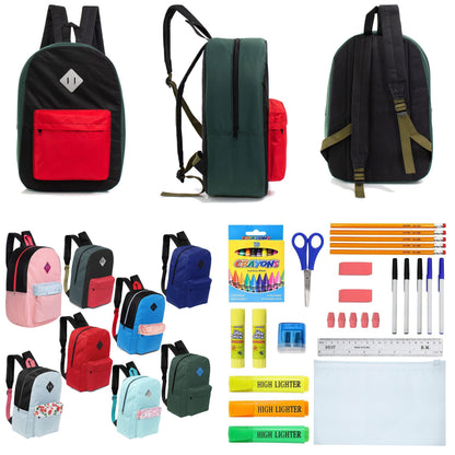 12 Wholesale 17 'Paded Rucksäcke in zufälligen Drucken & 12 Bulk School Supply Kits Ihrer Wahl