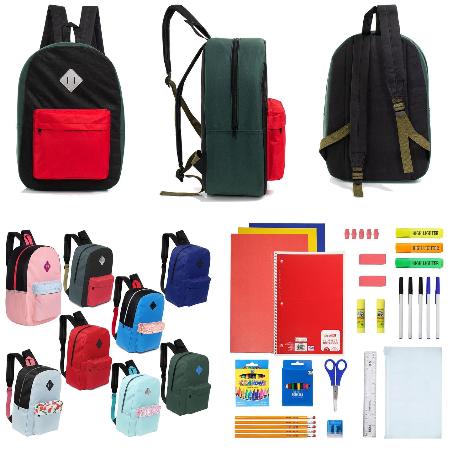 12 Wholesale 17 'Paded Rucksäcke in zufälligen Drucken & 12 Bulk School Supply Kits Ihrer Wahl