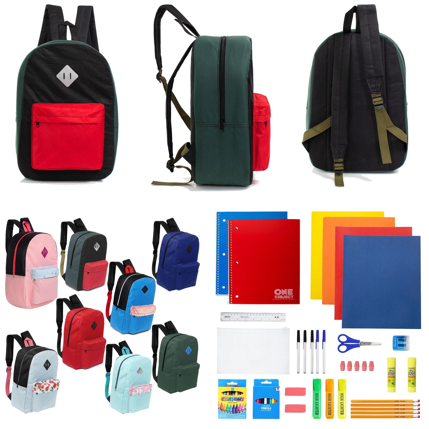 12 Wholesale 17 'Paded Rucksäcke in zufälligen Drucken & 12 Bulk School Supply Kits Ihrer Wahl