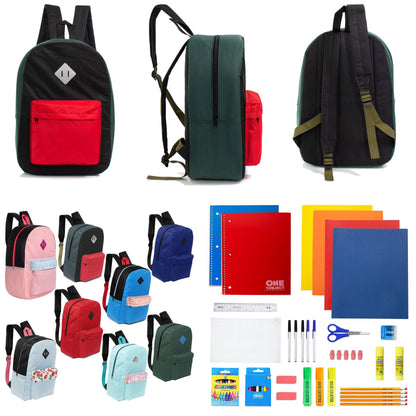 12 Wholesale 17 'Paded Rucksäcke in zufälligen Drucken & 12 Bulk School Supply Kits Ihrer Wahl