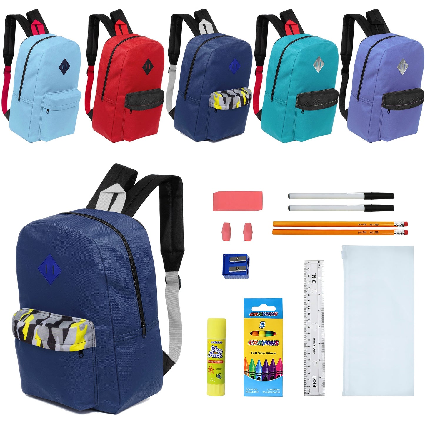 12 Wholesale 17 'Paded Rucksäcke in 5 zufälligen Drucken & 12 Bulk School Supply Kits Ihrer Wahl