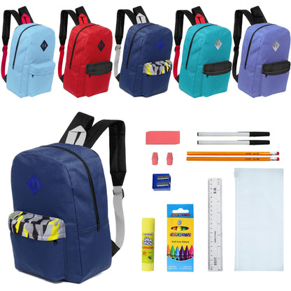 12 Wholesale 17 'Paded Rucksäcke in 5 zufälligen Drucken & 12 Bulk School Supply Kits Ihrer Wahl