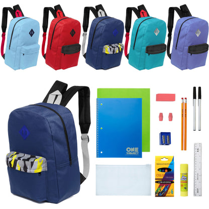 12 Wholesale 17 'Paded Rucksäcke in 5 zufälligen Drucken & 12 Bulk School Supply Kits Ihrer Wahl
