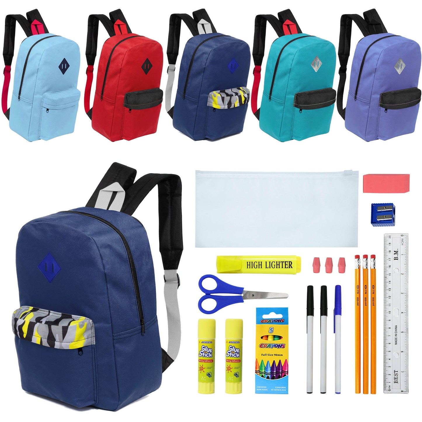 12 Wholesale 17 'Paded Rucksäcke in 5 zufälligen Drucken & 12 Bulk School Supply Kits Ihrer Wahl