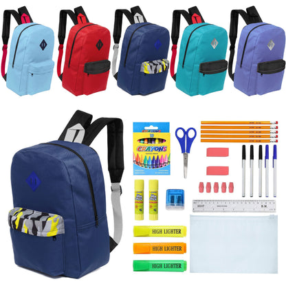 12 Wholesale 17 'Paded Rucksäcke in 5 zufälligen Drucken & 12 Bulk School Supply Kits Ihrer Wahl