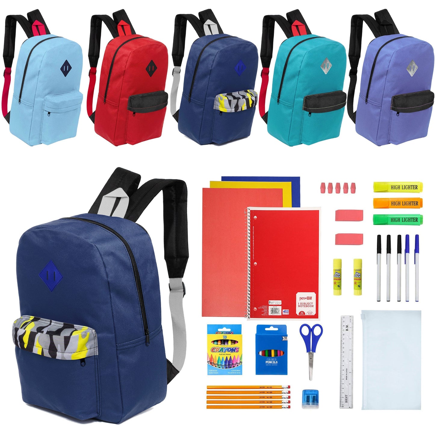 12 Wholesale 17 'Paded Rucksäcke in 5 zufälligen Drucken & 12 Bulk School Supply Kits Ihrer Wahl