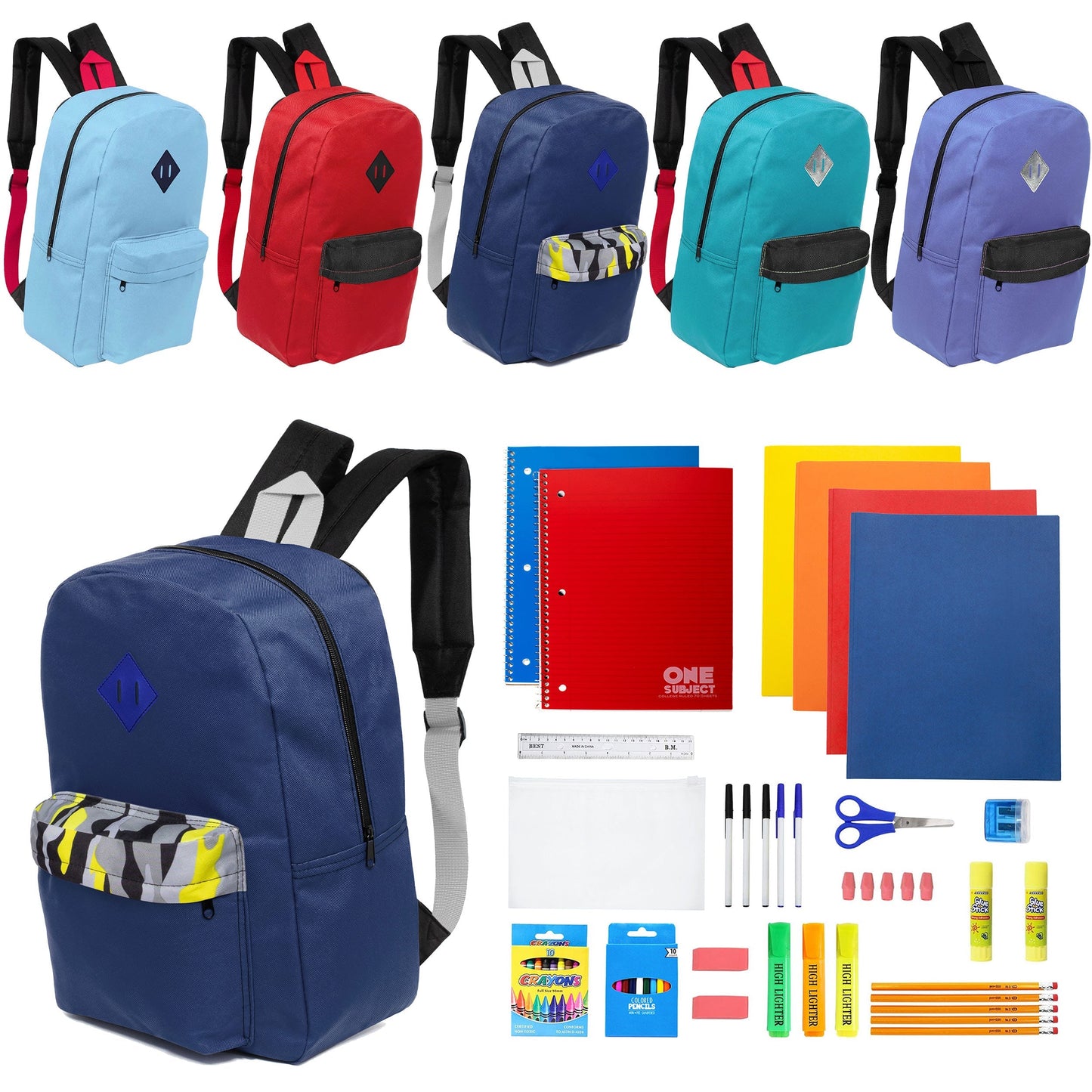 12 Wholesale 17 'Paded Rucksäcke in 5 zufälligen Drucken & 12 Bulk School Supply Kits Ihrer Wahl