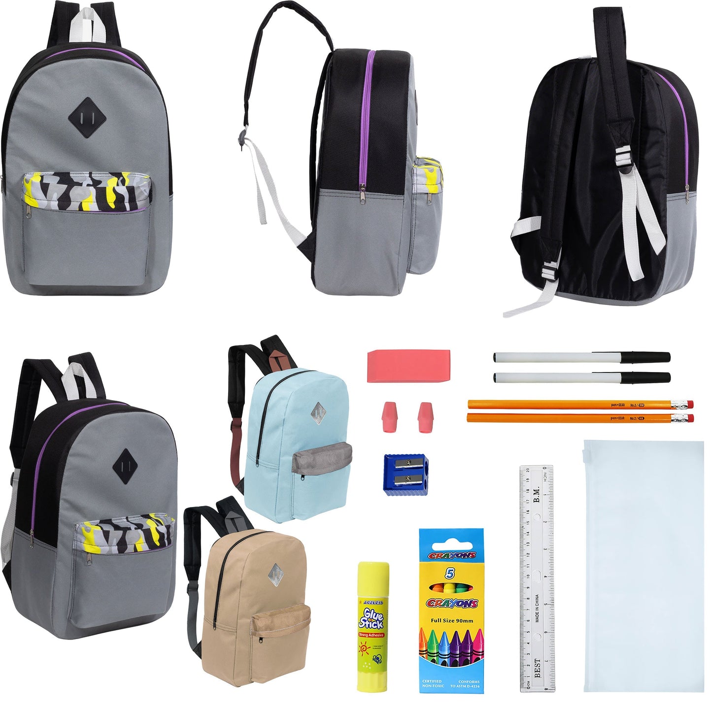 12 Wholesale 17 'Paded Rucksäcke in 3 zufälligen Drucken & 12 Bulk School Supply Kits Ihrer Wahl