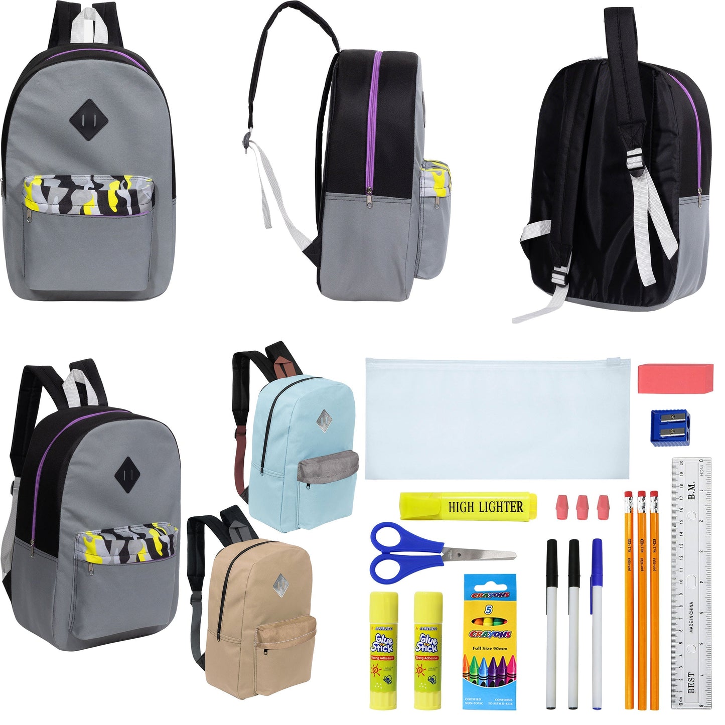 12 Wholesale 17 'Paded Rucksäcke in 3 zufälligen Drucken & 12 Bulk School Supply Kits Ihrer Wahl