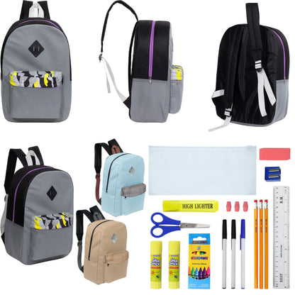 12 Wholesale 17 'Paded Rucksäcke in 3 zufälligen Drucken & 12 Bulk School Supply Kits Ihrer Wahl