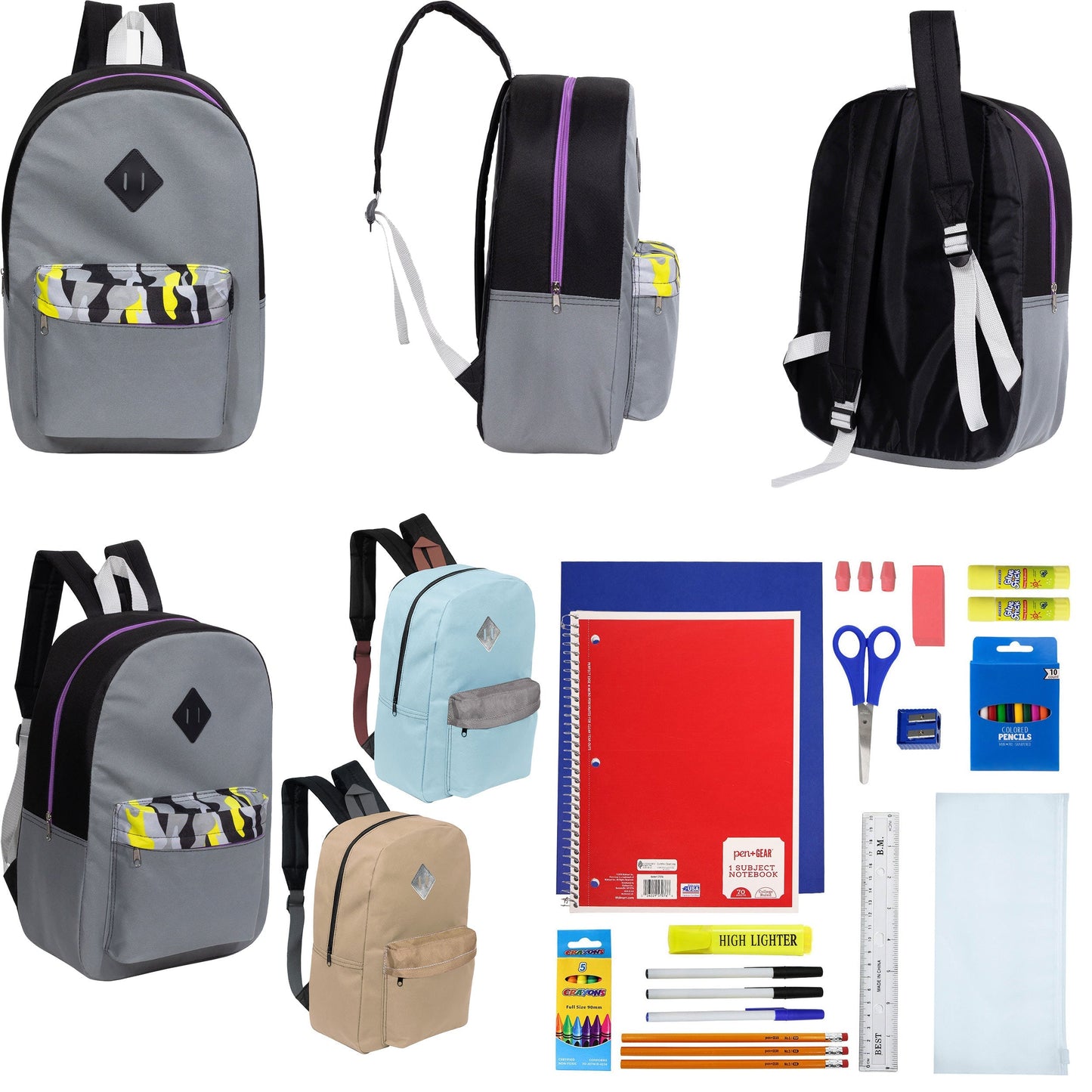 12 Wholesale 17 'Paded Rucksäcke in 3 zufälligen Drucken & 12 Bulk School Supply Kits Ihrer Wahl