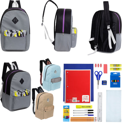 12 Wholesale 17 'Paded Rucksäcke in 3 zufälligen Drucken & 12 Bulk School Supply Kits Ihrer Wahl
