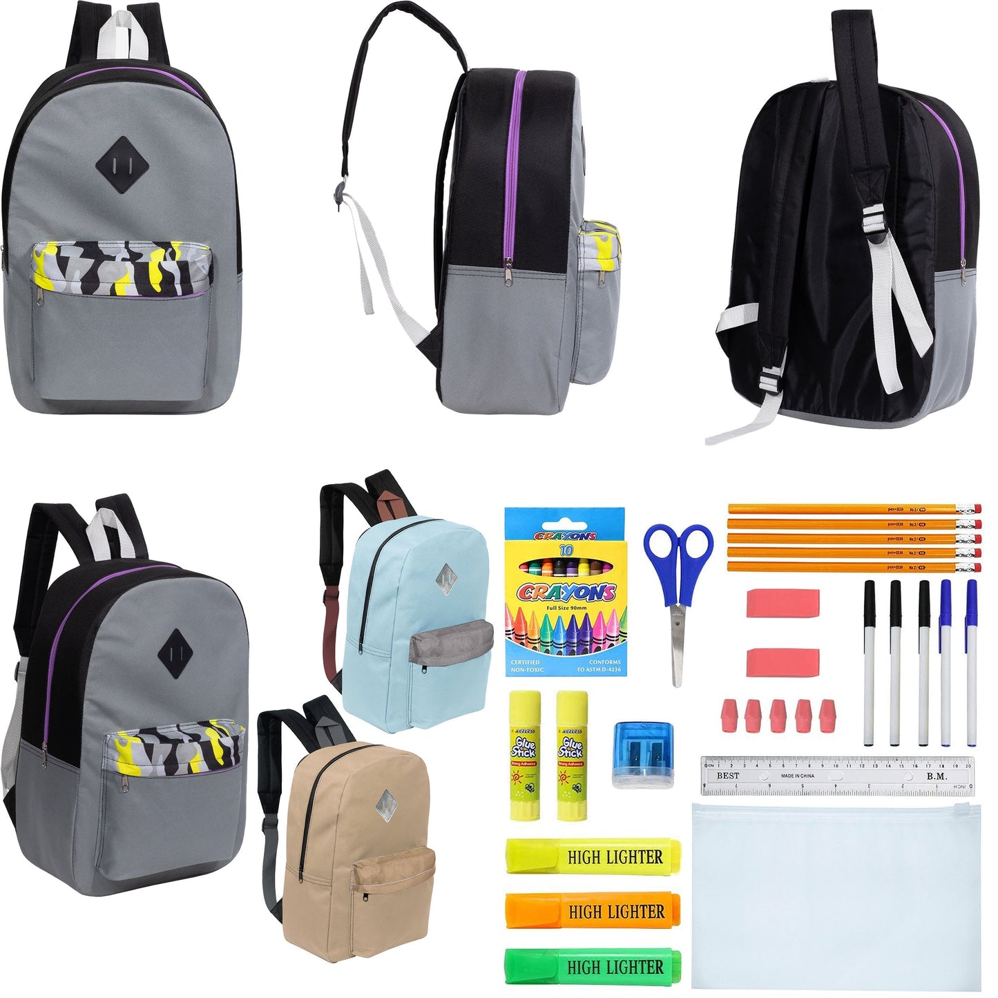 12 Wholesale 17 'Paded Rucksäcke in 3 zufälligen Drucken & 12 Bulk School Supply Kits Ihrer Wahl
