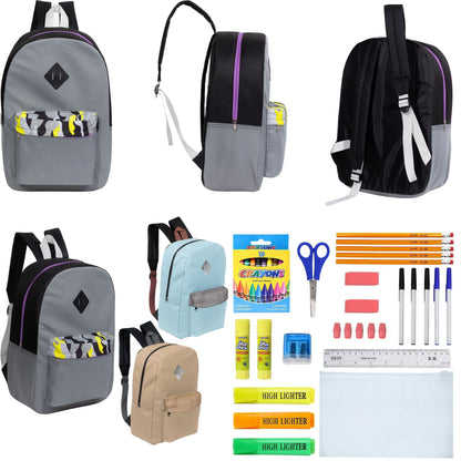 12 Wholesale 17 'Paded Rucksäcke in 3 zufälligen Drucken & 12 Bulk School Supply Kits Ihrer Wahl