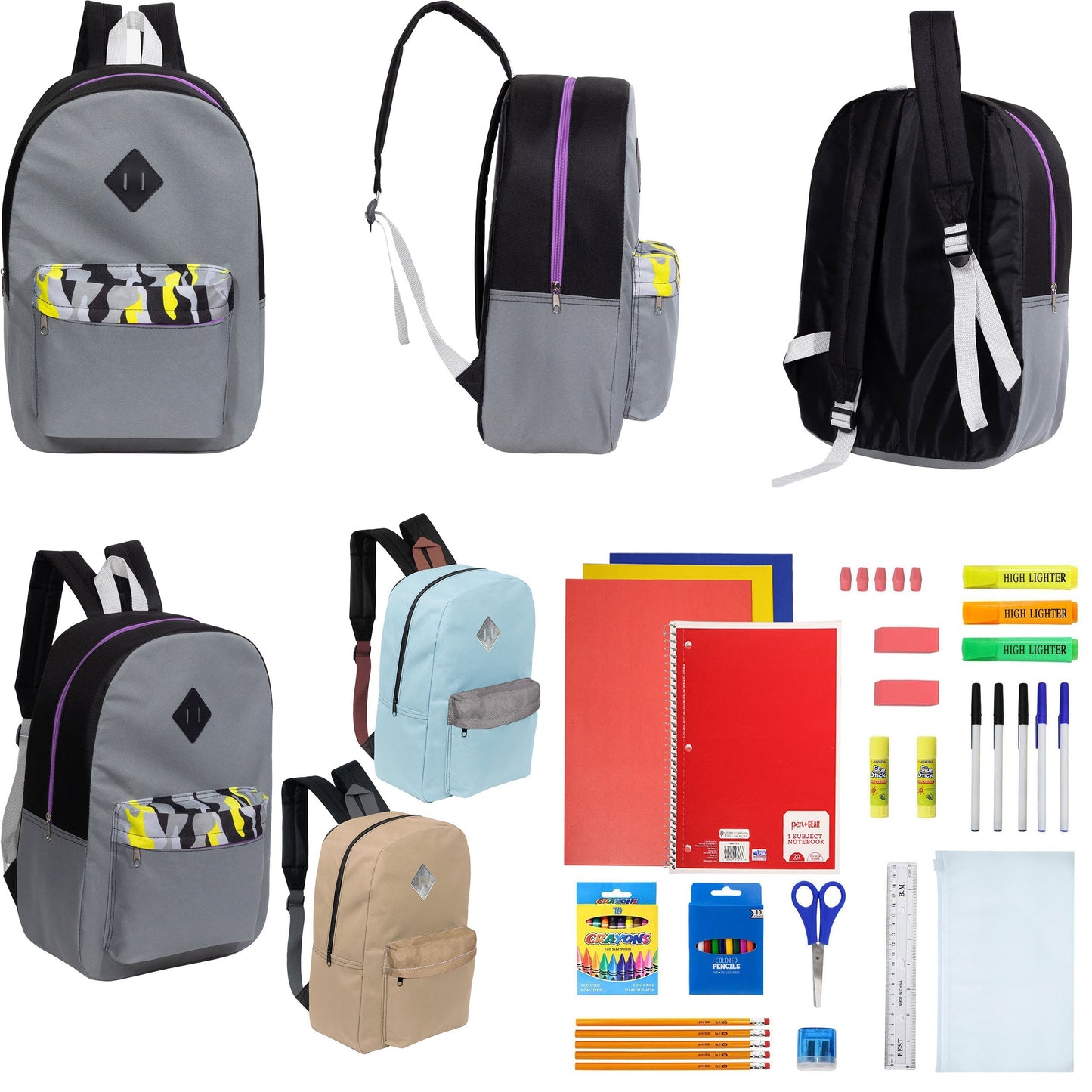 12 Wholesale 17 'Paded Rucksäcke in 3 zufälligen Drucken & 12 Bulk School Supply Kits Ihrer Wahl