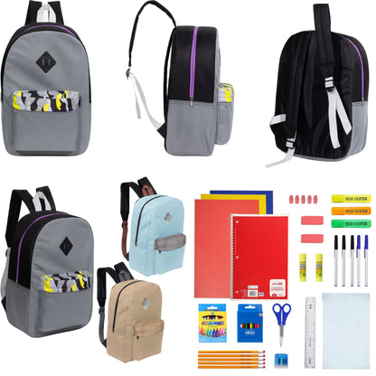 12 Wholesale 17 'Paded Rucksäcke in 3 zufälligen Drucken & 12 Bulk School Supply Kits Ihrer Wahl