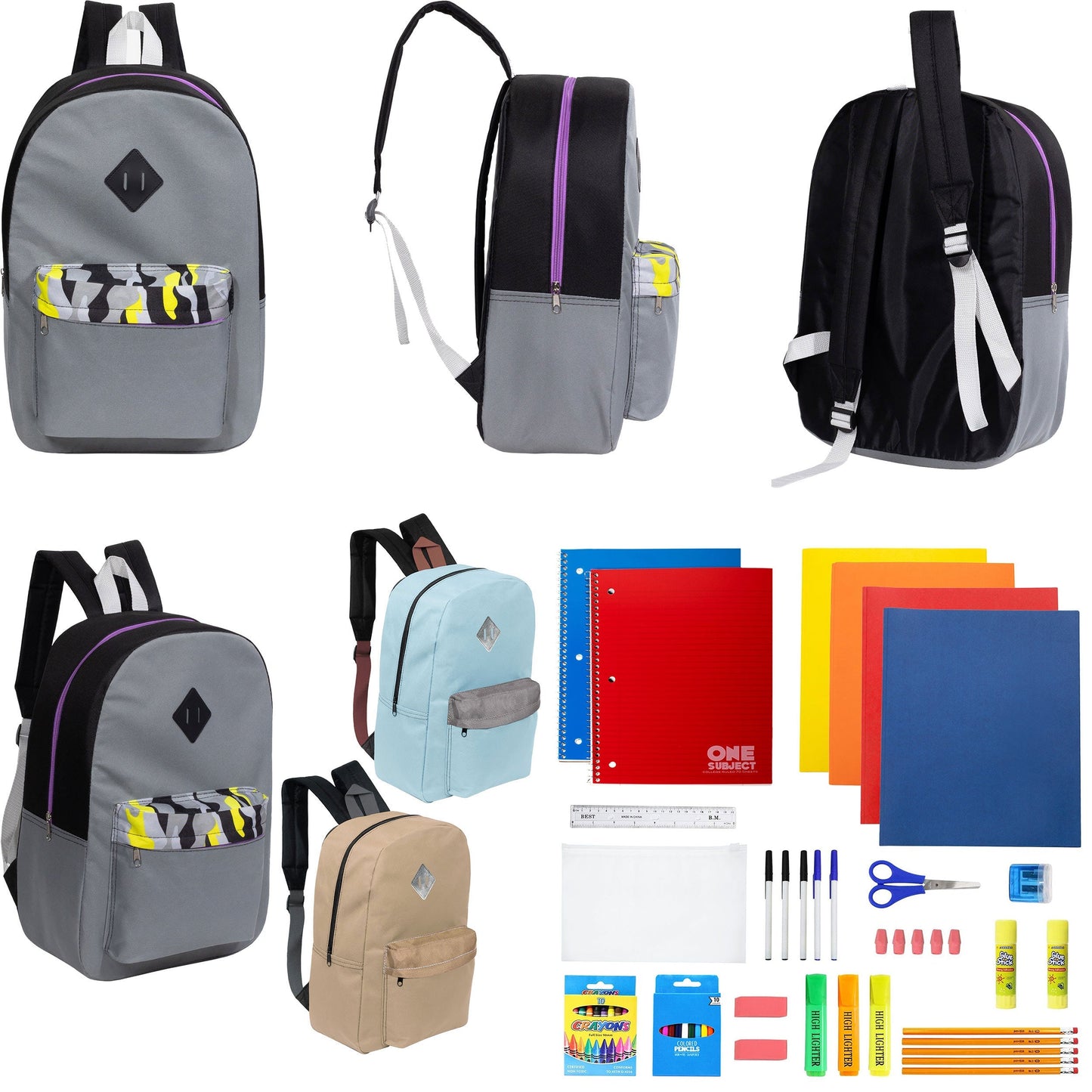 12 Wholesale 17 'Paded Rucksäcke in 3 zufälligen Drucken & 12 Bulk School Supply Kits Ihrer Wahl