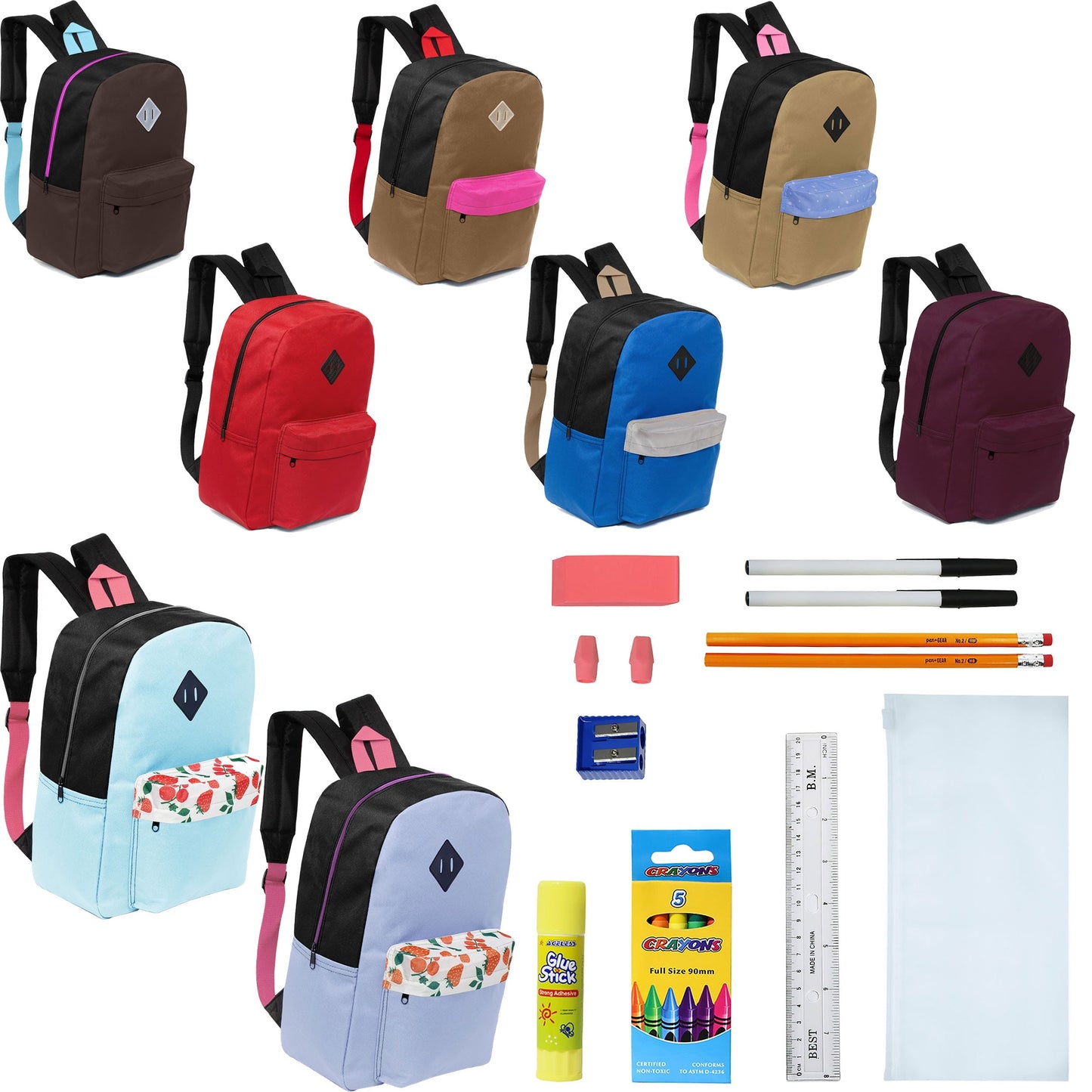 12 Wholesale 17 'Paded Rucksäcke in 8 zufälligen Drucken & 12 Bulk School Supply Kits Ihrer Wahl