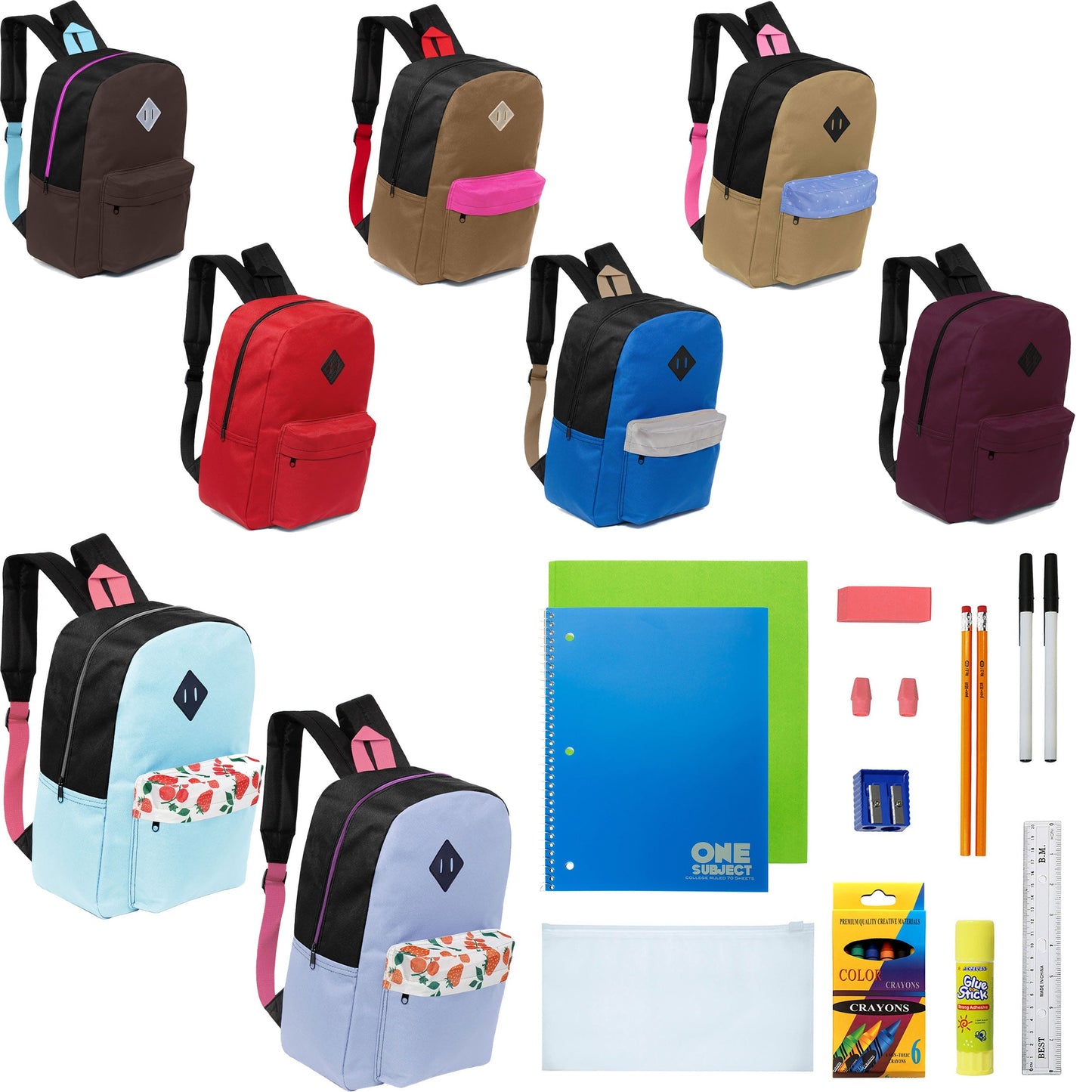 12 Wholesale 17 'Paded Rucksäcke in 8 zufälligen Drucken & 12 Bulk School Supply Kits Ihrer Wahl