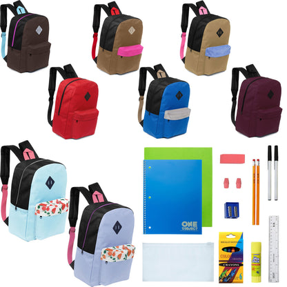 12 Wholesale 17 'Paded Rucksäcke in 8 zufälligen Drucken & 12 Bulk School Supply Kits Ihrer Wahl