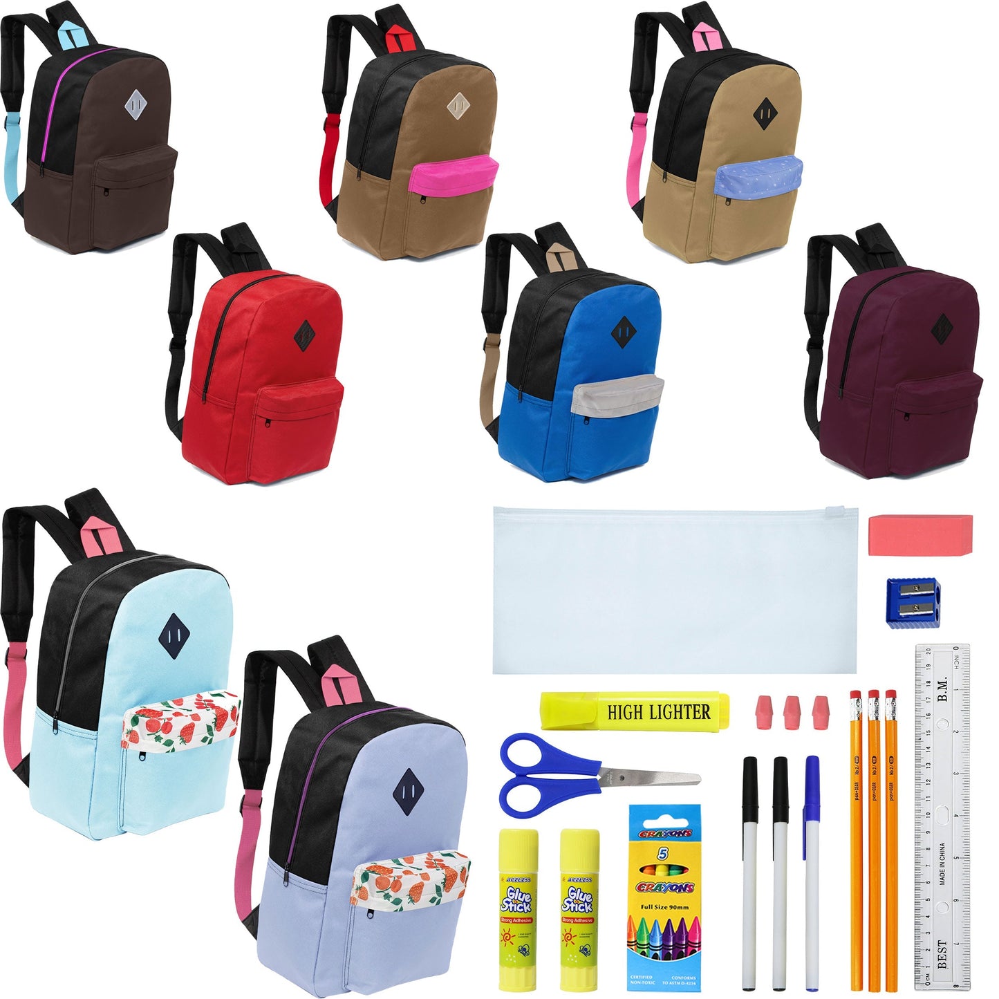 12 Wholesale 17 'Paded Rucksäcke in 8 zufälligen Drucken & 12 Bulk School Supply Kits Ihrer Wahl