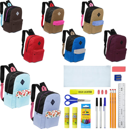 12 Wholesale 17 'Paded Rucksäcke in 8 zufälligen Drucken & 12 Bulk School Supply Kits Ihrer Wahl