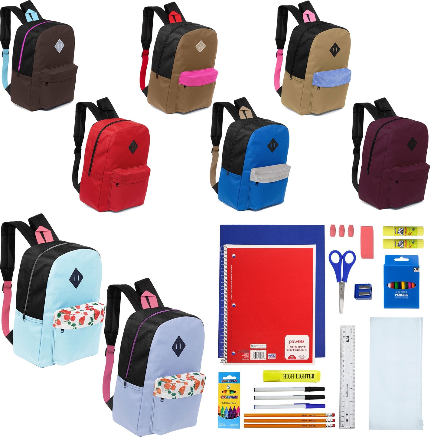 12 Wholesale 17 'Paded Rucksäcke in 8 zufälligen Drucken & 12 Bulk School Supply Kits Ihrer Wahl