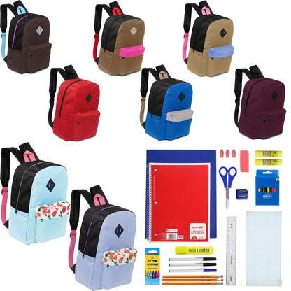 12 Wholesale 17 'Paded Rucksäcke in 8 zufälligen Drucken & 12 Bulk School Supply Kits Ihrer Wahl