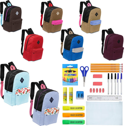 12 Wholesale 17 'Paded Rucksäcke in 8 zufälligen Drucken & 12 Bulk School Supply Kits Ihrer Wahl